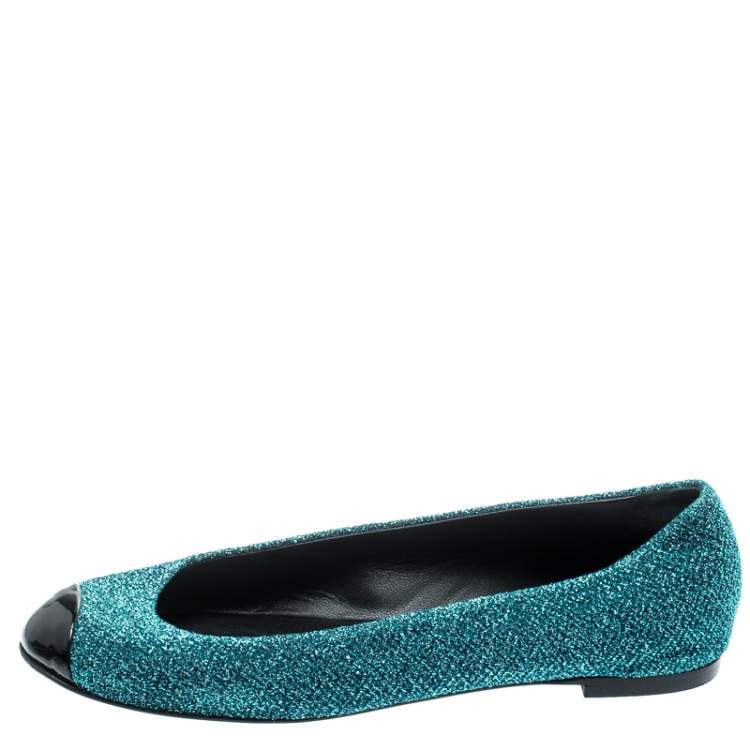 Pre Owned Giuseppe Zanotti Blue Lurex Fabric And Patent Leather Cap Toe Ballet Flats Size 36