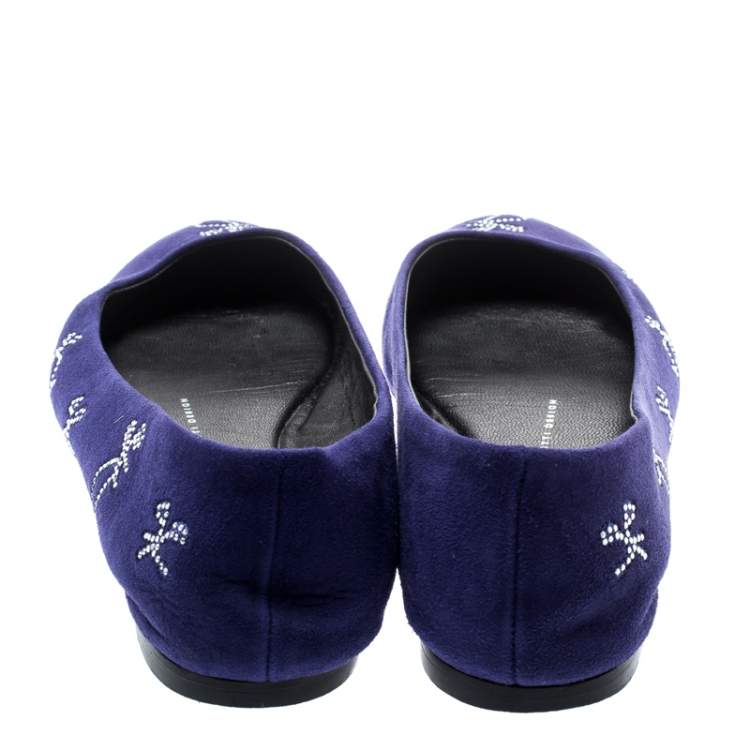 Pre Owned Giuseppe Zanotti Blue Suede Crystal Embellished Ballet Flats Size 36