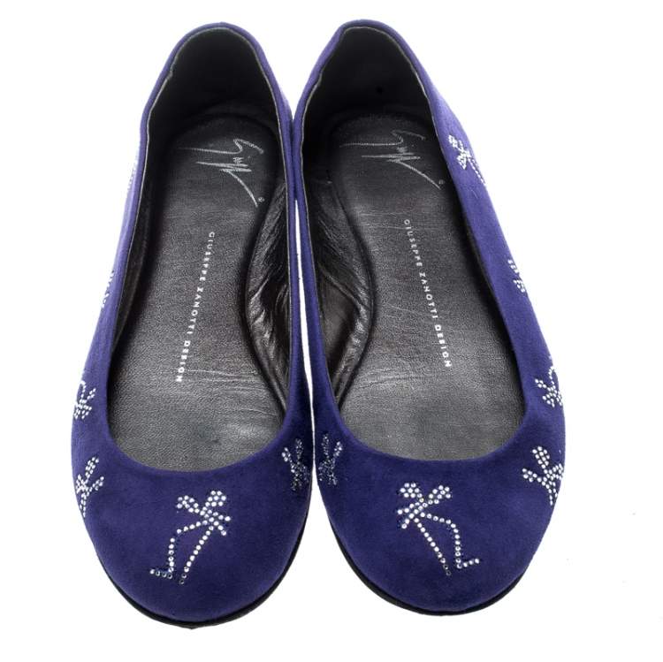 Pre Owned Giuseppe Zanotti Blue Suede Crystal Embellished Ballet Flats Size 36