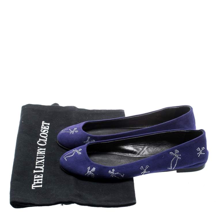Pre Owned Giuseppe Zanotti Blue Suede Crystal Embellished Ballet Flats Size 36