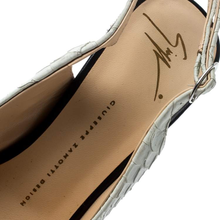 Pre Owned Giuseppe Zanotti White Python Embossed Leather Peep Toe Platform Slingback Sandals Size 40