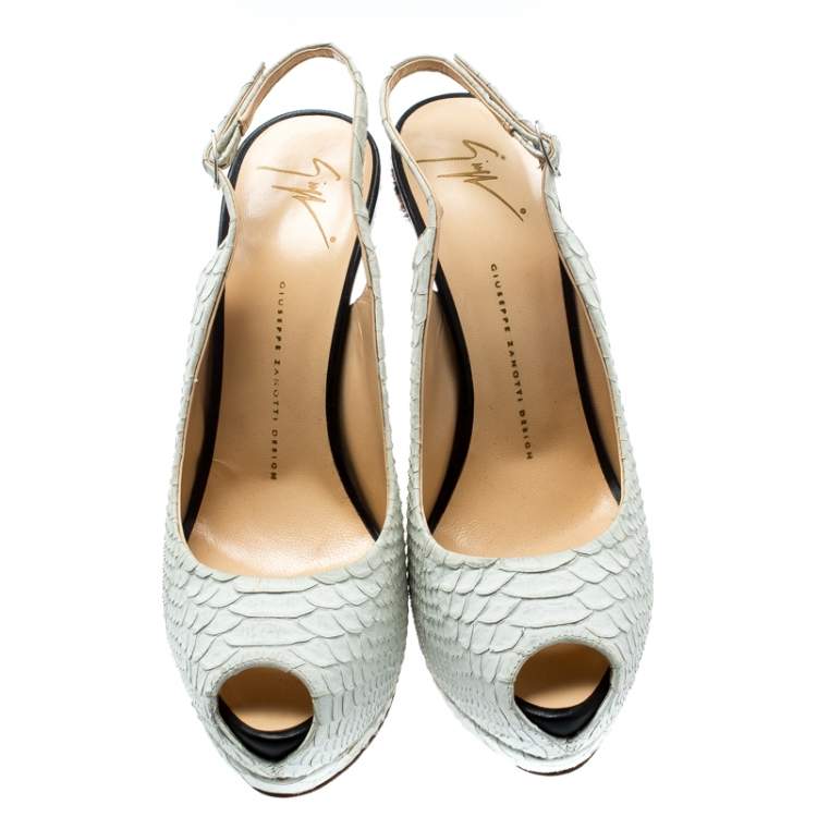 Pre Owned Giuseppe Zanotti White Python Embossed Leather Peep Toe Platform Slingback Sandals Size 40