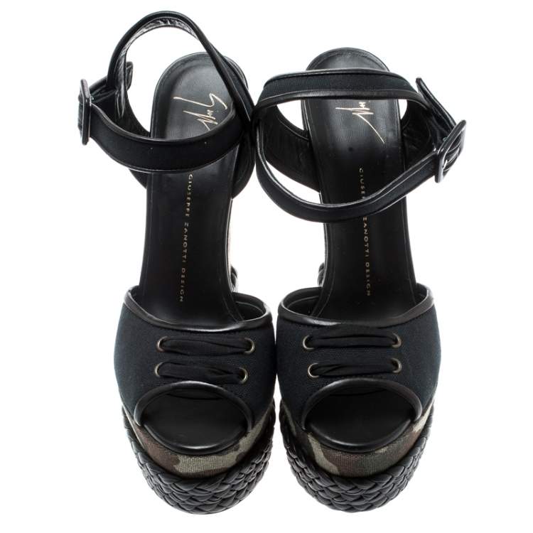 Pre Owned Giuseppe Zanotti Black Canvas And Leather Camouflage Platform Wedge Sandals Size 40