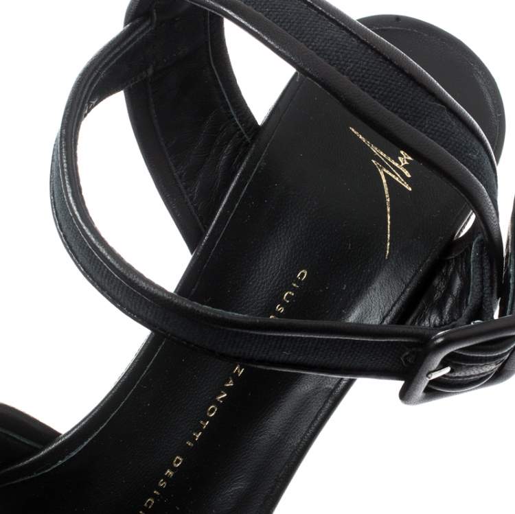 Pre Owned Giuseppe Zanotti Black Canvas And Leather Camouflage Platform Wedge Sandals Size 40