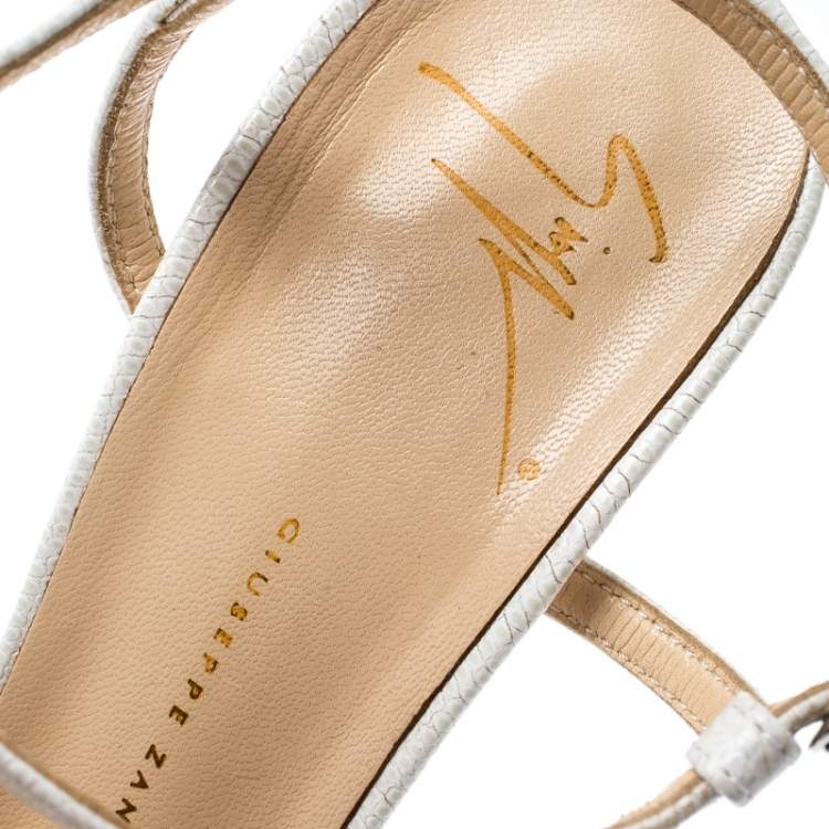 Pre Owned Giuseppe Zanotti White Lizard Embossed Leather T-Strap Platform Peep Toe Sandals Size 39.5