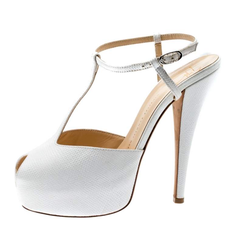 Pre Owned Giuseppe Zanotti White Lizard Embossed Leather T-Strap Platform Peep Toe Sandals Size 39.5
