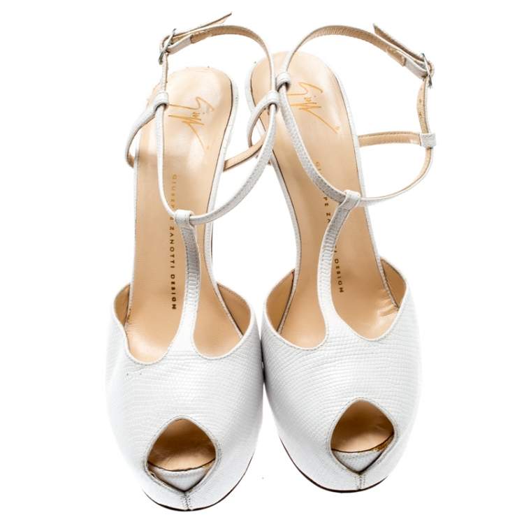 Pre Owned Giuseppe Zanotti White Lizard Embossed Leather T-Strap Platform Peep Toe Sandals Size 39.5