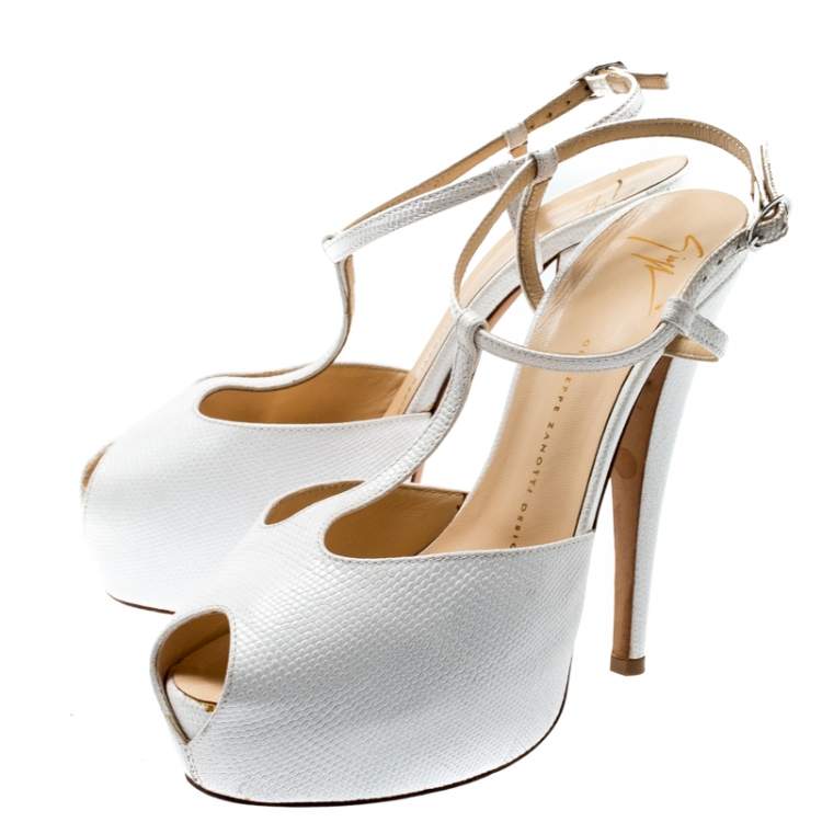 Pre Owned Giuseppe Zanotti White Lizard Embossed Leather T-Strap Platform Peep Toe Sandals Size 39.5