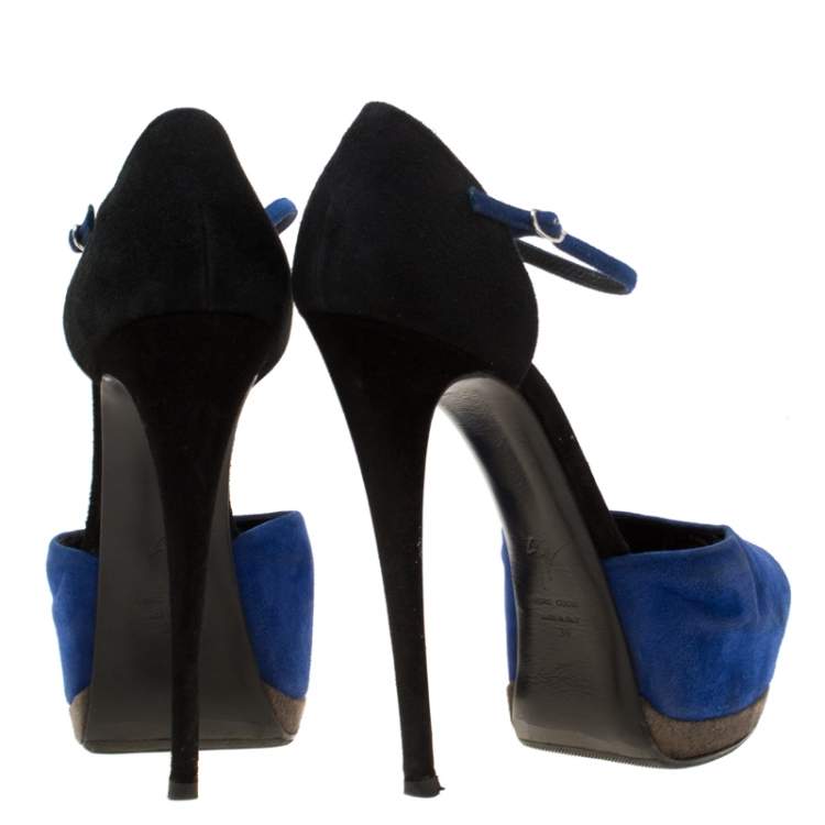Pre Owned Giuseppe Zanotti Blue/Black Suede Peep Toe Ankle Strap Platform Sandals Size 39