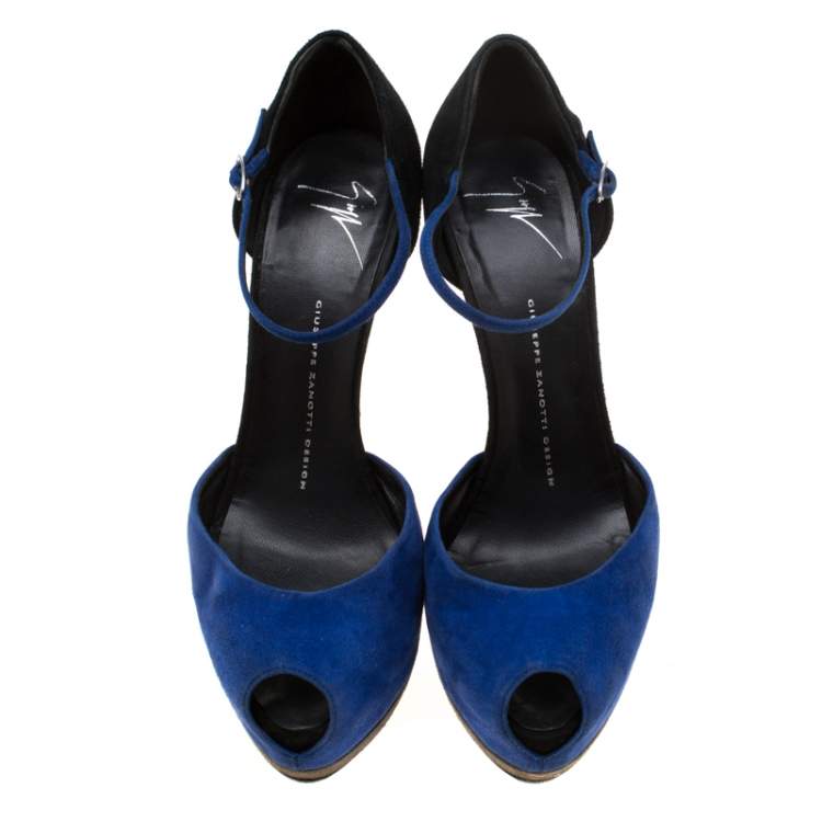 Pre Owned Giuseppe Zanotti Blue/Black Suede Peep Toe Ankle Strap Platform Sandals Size 39