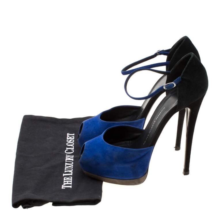 Pre Owned Giuseppe Zanotti Blue/Black Suede Peep Toe Ankle Strap Platform Sandals Size 39