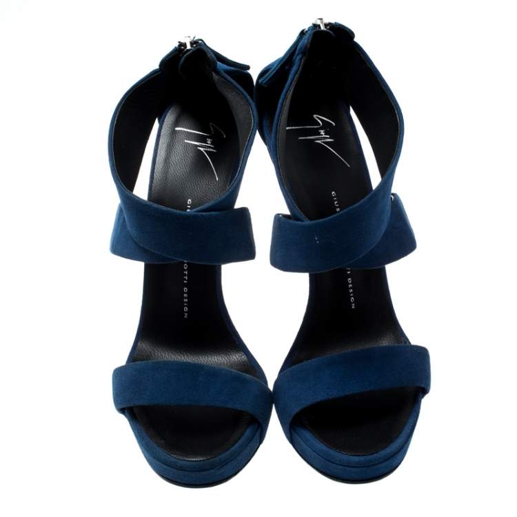 مملوكة مسبقًا Giuseppe Zanotti Electric Blue Suede Cross Strap Heelless Platform Sandals Size 40.5