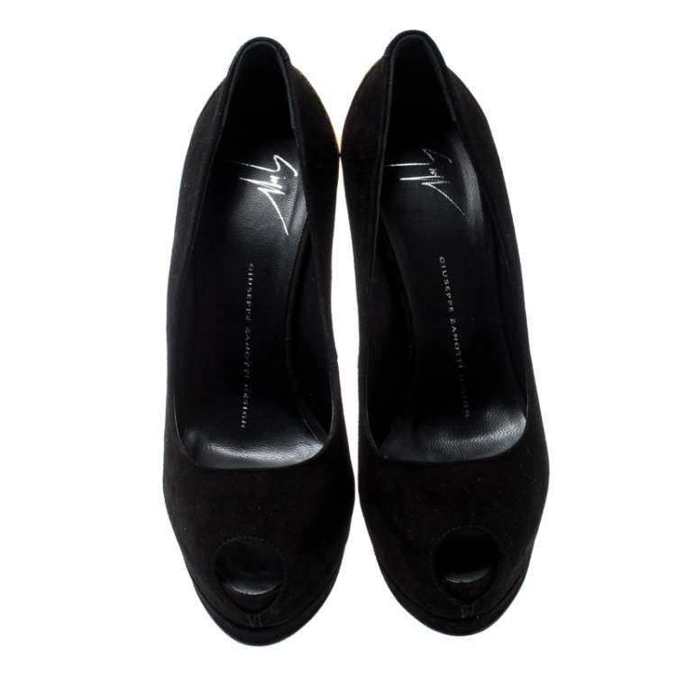Pre Owned Giuseppe Zanotti Black Suede Sharon Peep Toe Platform Pumps Size 37