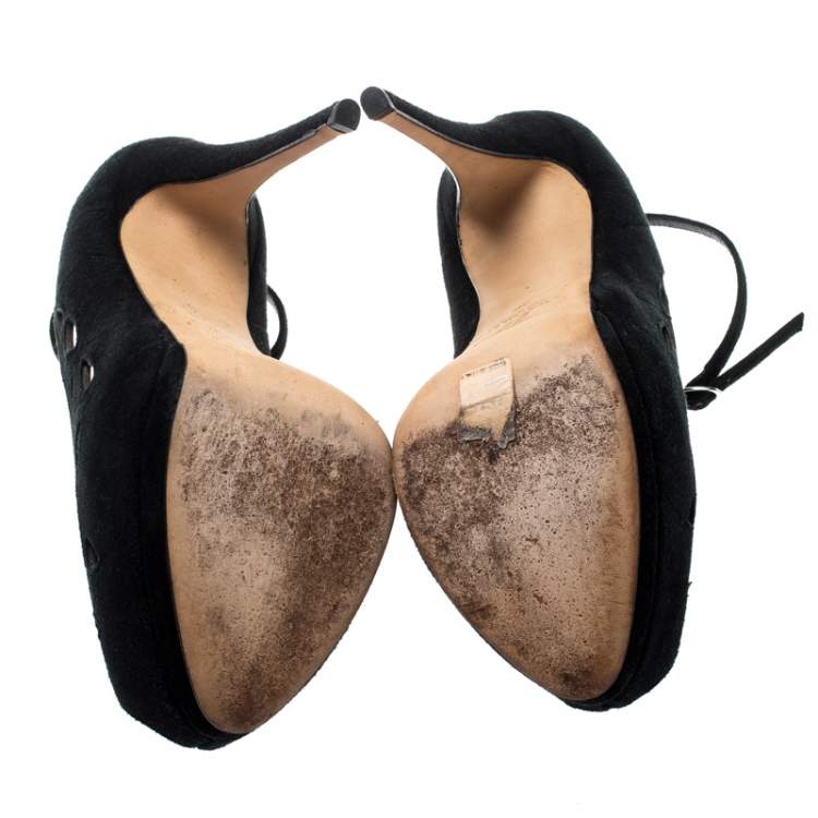 Pre Owned Giuseppe Zanotti Black Suede Cut Out Detail Peep Toe Ankle Strap Platform Pumps Size 38