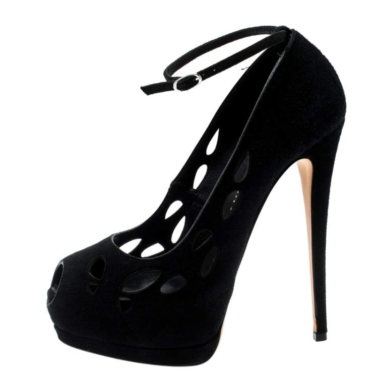 Pre Owned Giuseppe Zanotti Black Suede Cut Out Detail Peep Toe Ankle Strap Platform Pumps Size 38