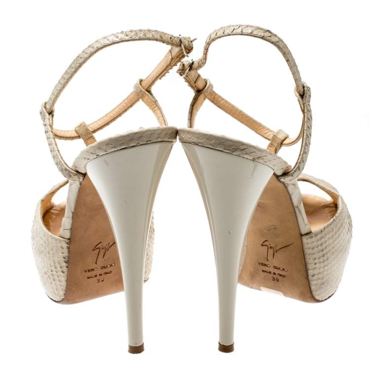 Pre Owned Giuseppe Zanotti Beige Python Embossed Leather T Strap Platform Sandals Size 39