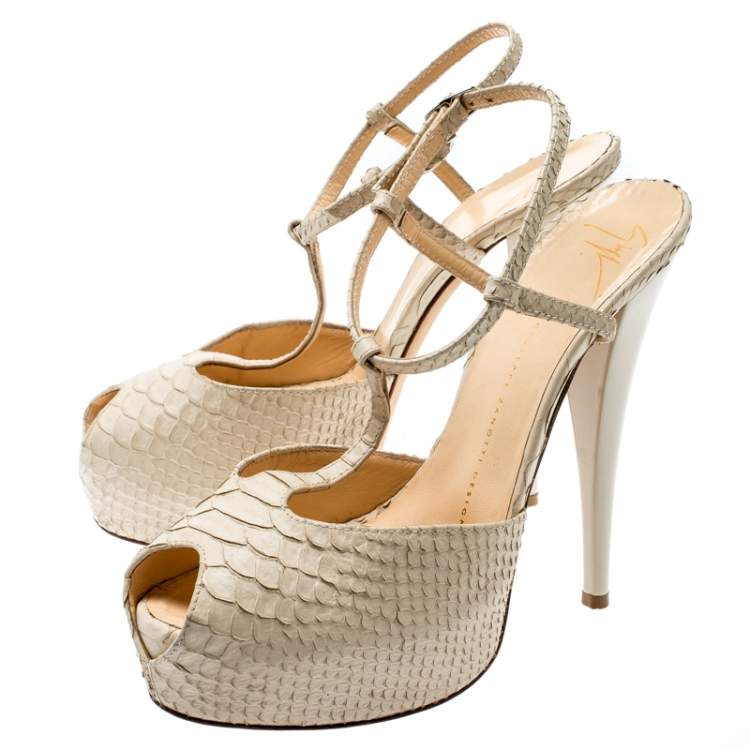 Pre Owned Giuseppe Zanotti Beige Python Embossed Leather T Strap Platform Sandals Size 39