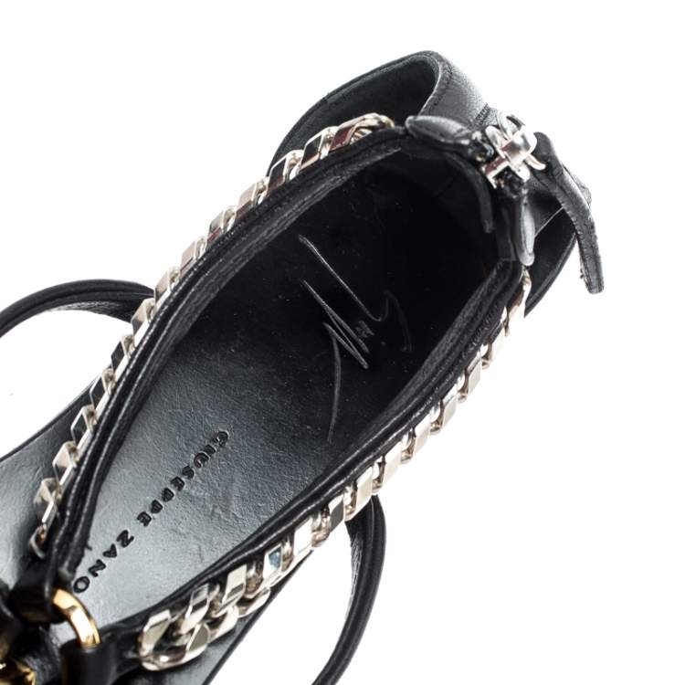 Pre Owned Giuseppe Zanotti Black Leather Gold Anchor Strap Flat Sandals Size 37