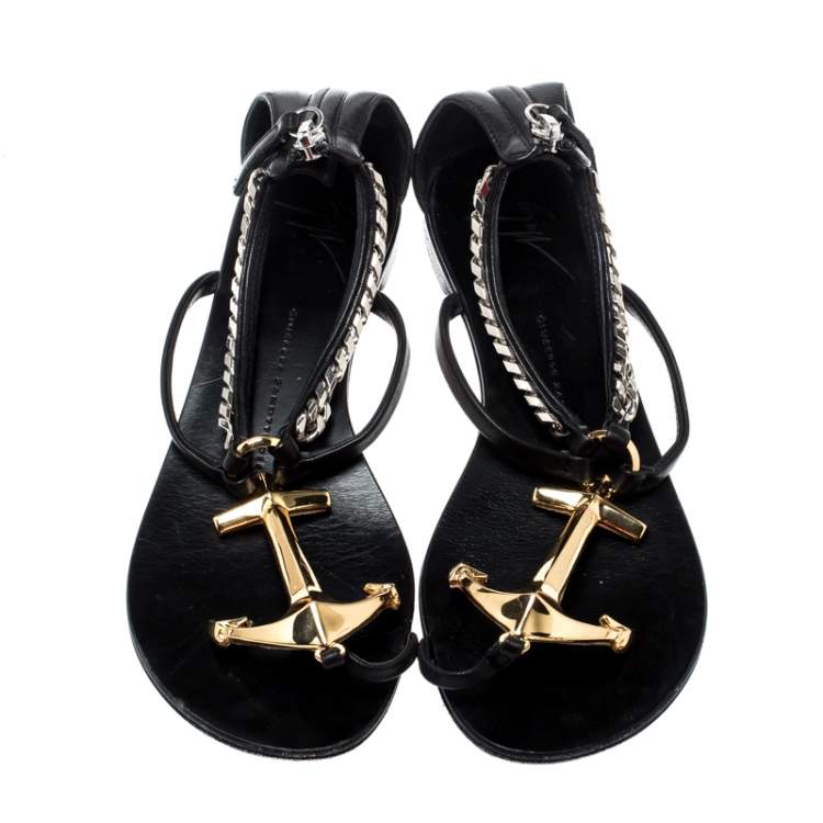 Pre Owned Giuseppe Zanotti Black Leather Gold Anchor Strap Flat Sandals Size 37