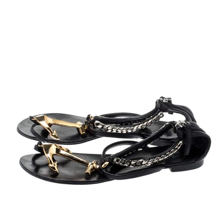 Pre Owned Giuseppe Zanotti Black Leather Gold Anchor Strap Flat Sandals Size 37