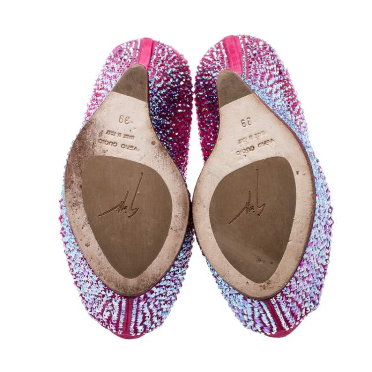 Pre Owned Giuseppe Zanotti Pink Crystal Embellished Suede Heelless Peep Toe Platform Pumps Size 39
