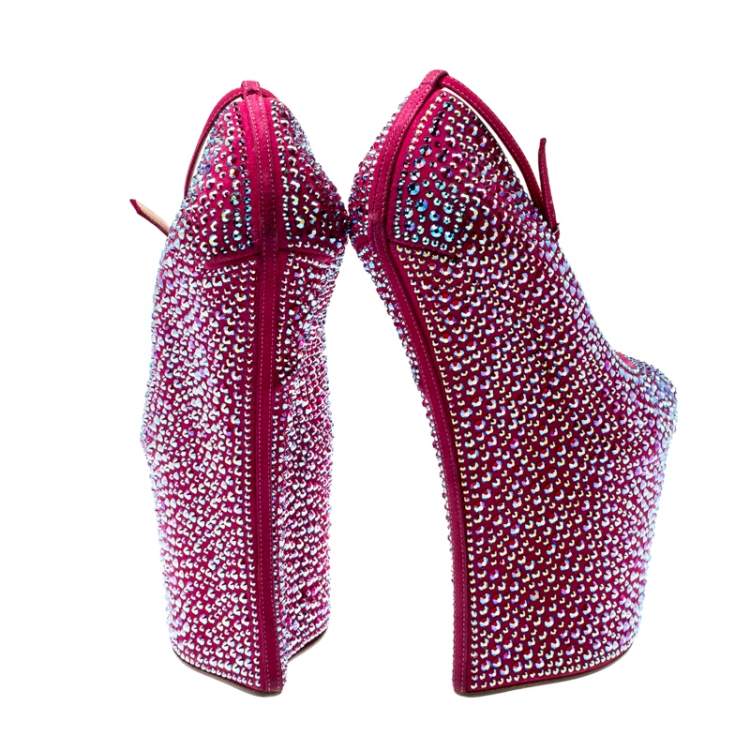 Pre Owned Giuseppe Zanotti Pink Crystal Embellished Suede Heelless Peep Toe Platform Pumps Size 39