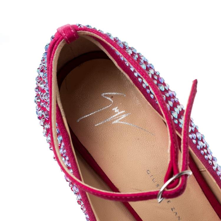 Pre Owned Giuseppe Zanotti Pink Crystal Embellished Suede Heelless Peep Toe Platform Pumps Size 39