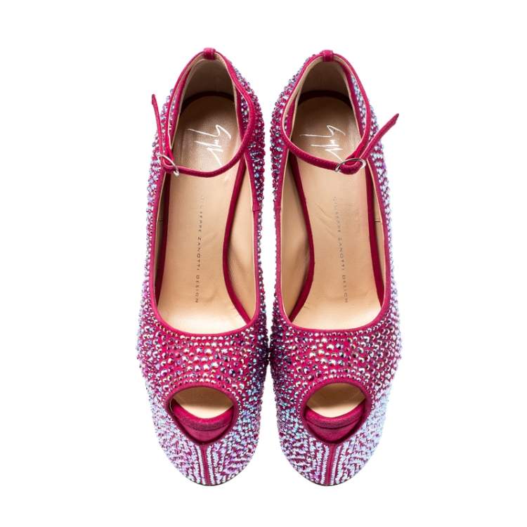Pre Owned Giuseppe Zanotti Pink Crystal Embellished Suede Heelless Peep Toe Platform Pumps Size 39
