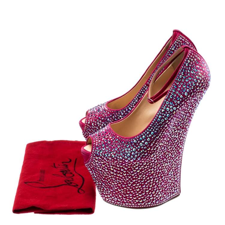 Pre Owned Giuseppe Zanotti Pink Crystal Embellished Suede Heelless Peep Toe Platform Pumps Size 39