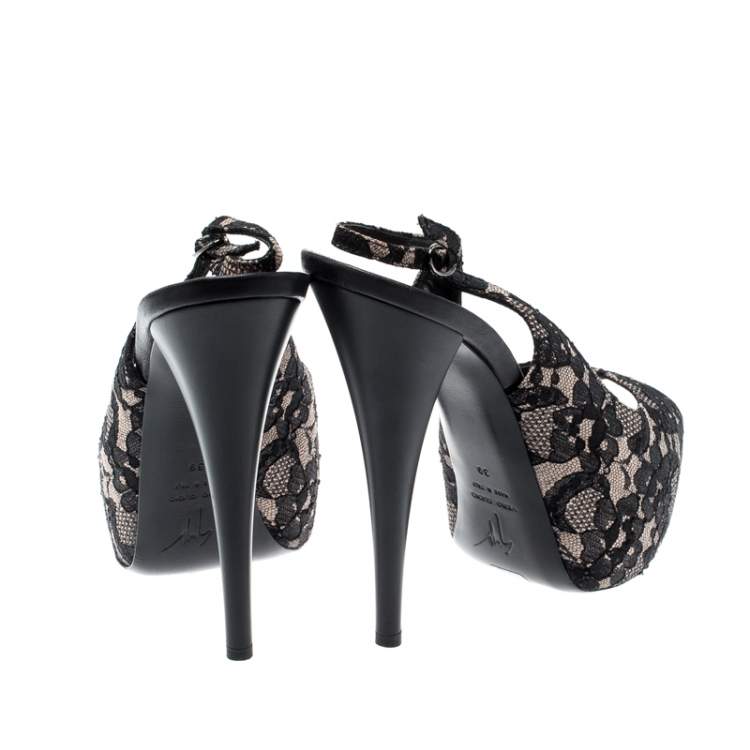 Pre Owned Giuseppe Zanotti Black Lace And Leather Peep Toe Platform Pumps Size 39