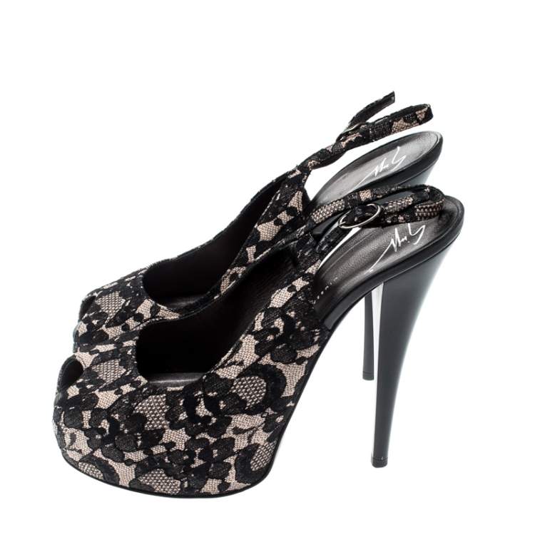 Pre Owned Giuseppe Zanotti Black Lace And Leather Peep Toe Platform Pumps Size 39