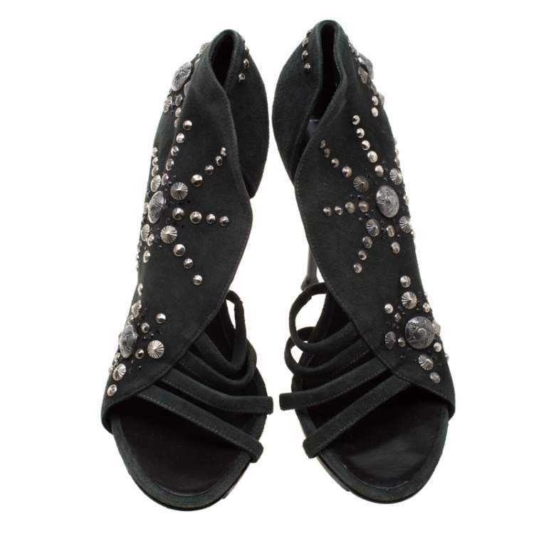 Pre Owned Giuseppe Zanotti Grey Suede Embellished Sandals Size 39