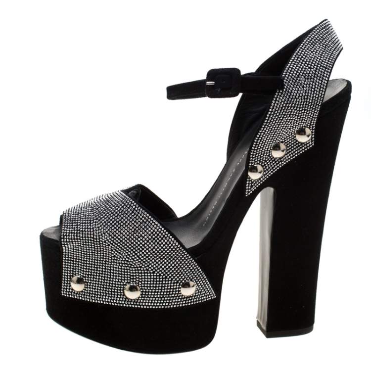 Pre Owned Giuseppe Zanotti Black Crystal Embellished Suede Platform Ankle Strap Sandals Size 39.5