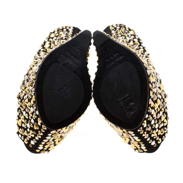 Pre Owned Giuseppe Zanotti Black Suede Crystal Embellished Exaggerated Wedge Platform Pumps Size 36.5