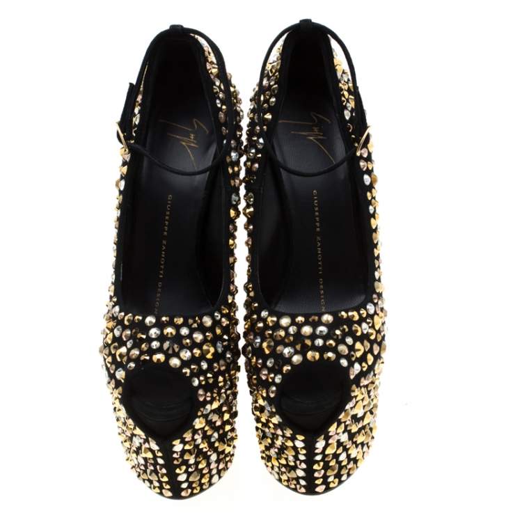 Pre Owned Giuseppe Zanotti Black Suede Crystal Embellished Exaggerated Wedge Platform Pumps Size 36.5
