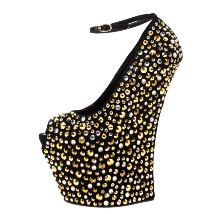 Pre Owned Giuseppe Zanotti Black Suede Crystal Embellished Exaggerated Wedge Platform Pumps Size 36.5