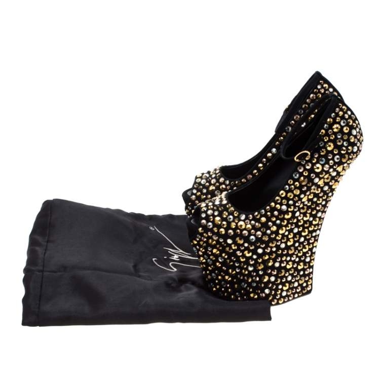 Pre Owned Giuseppe Zanotti Black Suede Crystal Embellished Exaggerated Wedge Platform Pumps Size 36.5