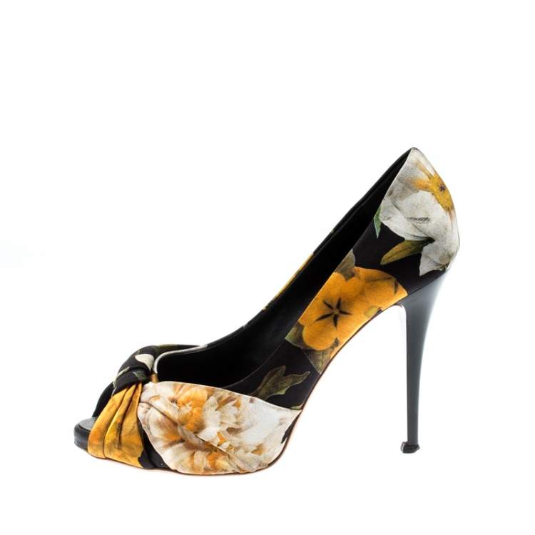 Pre Owned Giuseppe Zanotti Printed Satin Bow Detail Peep Toe Pumps Size 38