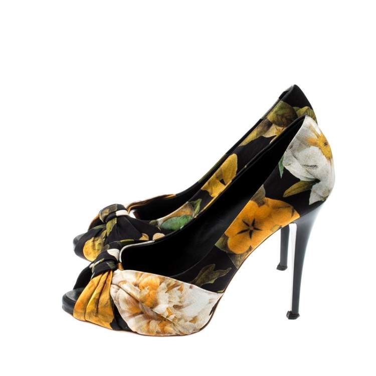 Pre Owned Giuseppe Zanotti Printed Satin Bow Detail Peep Toe Pumps Size 38