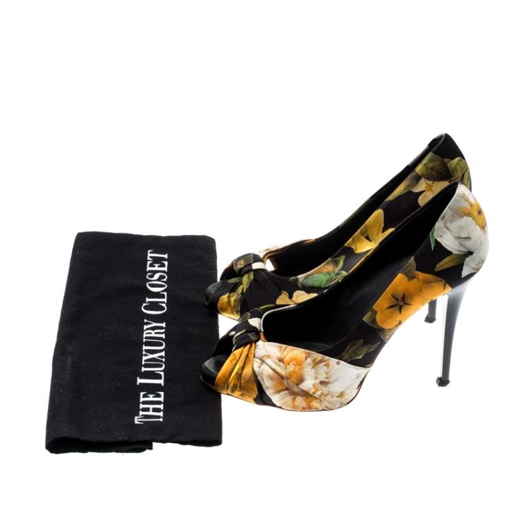 Pre Owned Giuseppe Zanotti Printed Satin Bow Detail Peep Toe Pumps Size 38