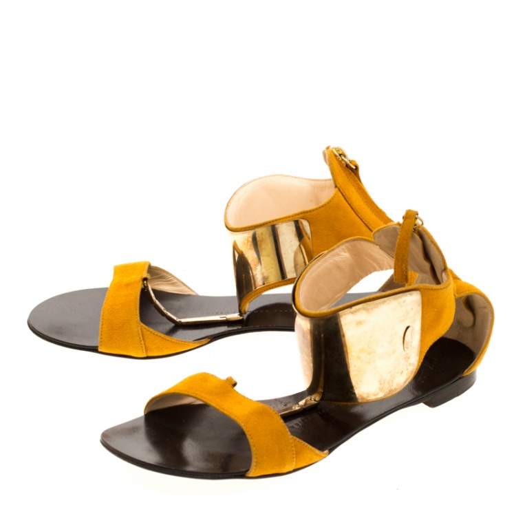 Pre Owned Giuseppe Zanotti Yellow Suede Chain T Strap Ankle Cuff Flats Sandals Size 37
