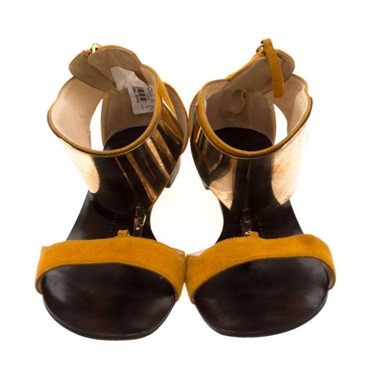 Pre Owned Giuseppe Zanotti Yellow Suede Chain T Strap Ankle Cuff Flats Sandals Size 37