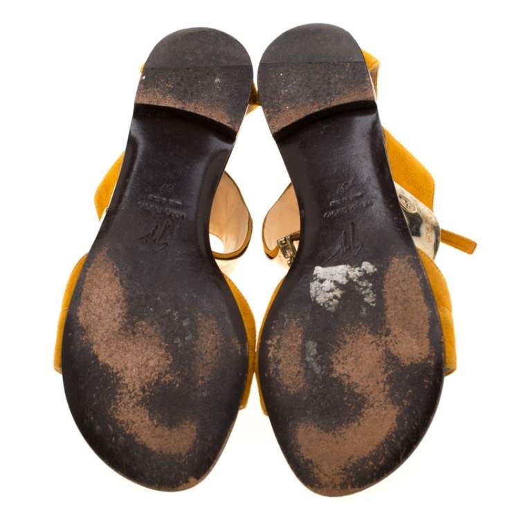 Pre Owned Giuseppe Zanotti Yellow Suede Chain T Strap Ankle Cuff Flats Sandals Size 37