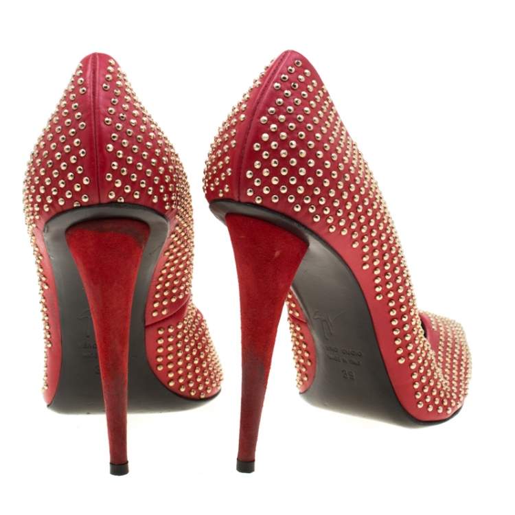 Pre Owned Giuseppe Zanotti Red Leather Stud Embellished Ester Pointed Toe Pumps Size 39