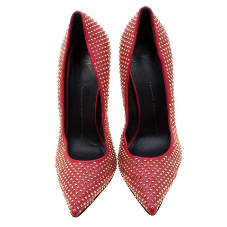 Pre Owned Giuseppe Zanotti Red Leather Stud Embellished Ester Pointed Toe Pumps Size 39