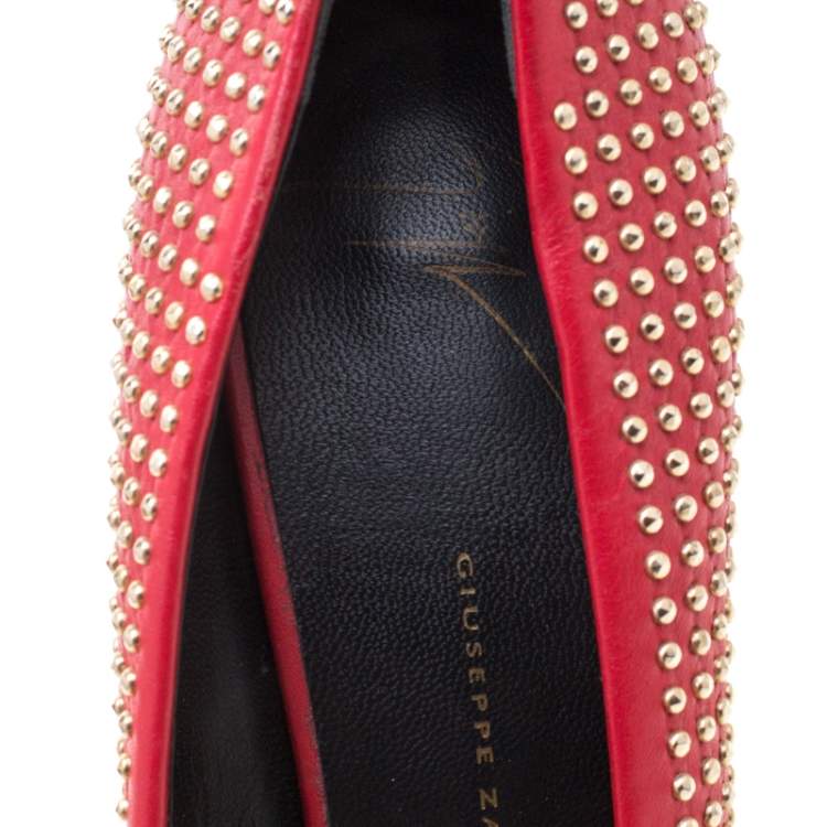 Pre Owned Giuseppe Zanotti Red Leather Stud Embellished Ester Pointed Toe Pumps Size 39