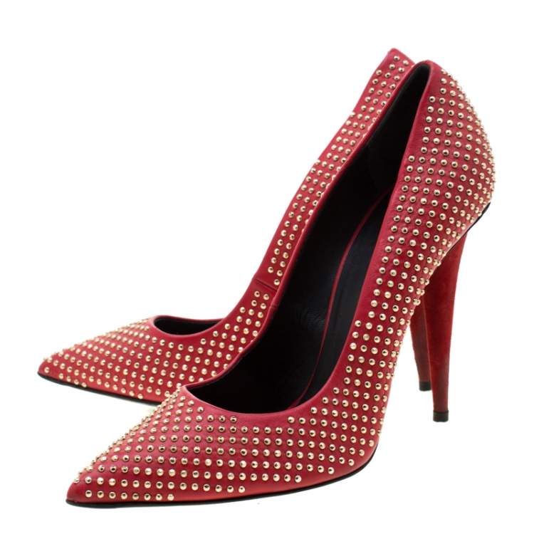 Pre Owned Giuseppe Zanotti Red Leather Stud Embellished Ester Pointed Toe Pumps Size 39