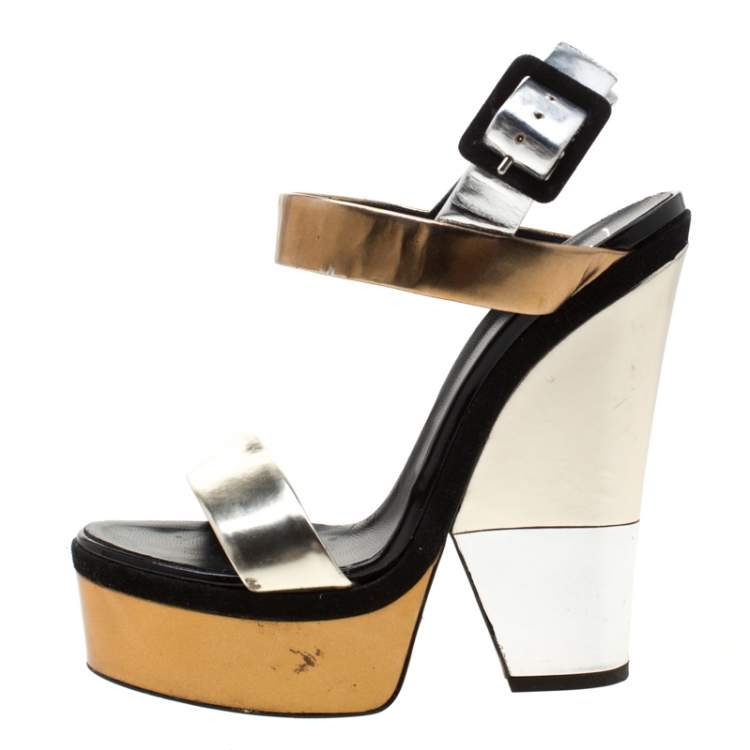 Pre Owned Giuseppe Zanotti Metallic Gold And Silver Leather Platform Wedge Strappy Sandals Size 40