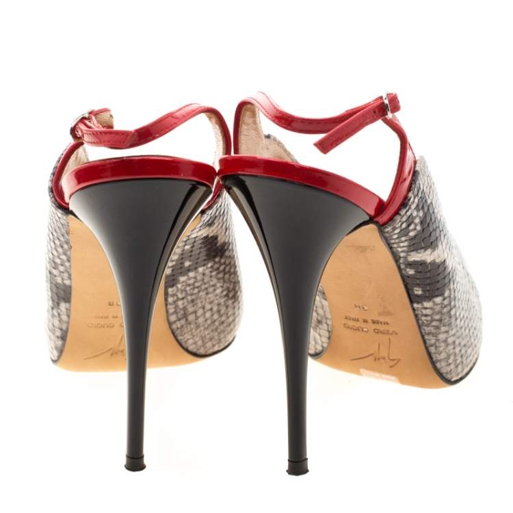 Pre Owned Giuseppe Zanotti Beige Python Embossed Leather Peep Toe Slingback Sandals Size 38