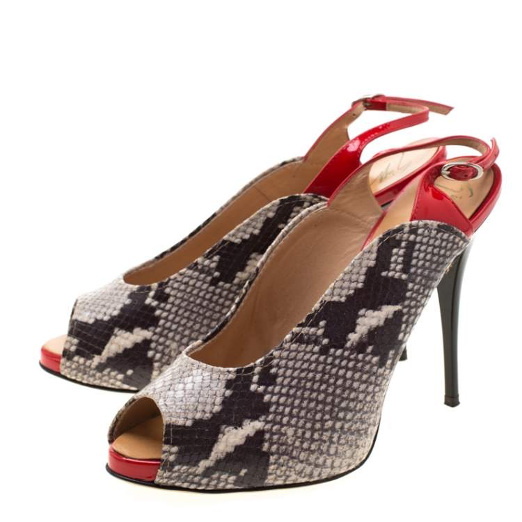 Pre Owned Giuseppe Zanotti Beige Python Embossed Leather Peep Toe Slingback Sandals Size 38